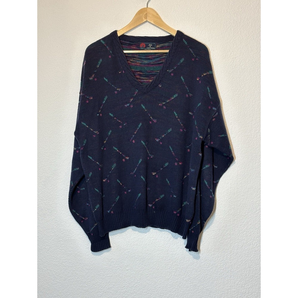 Vintage Isle Of Cotton Mens Size‎ Large Golf Print Sweater Textured Grandpa